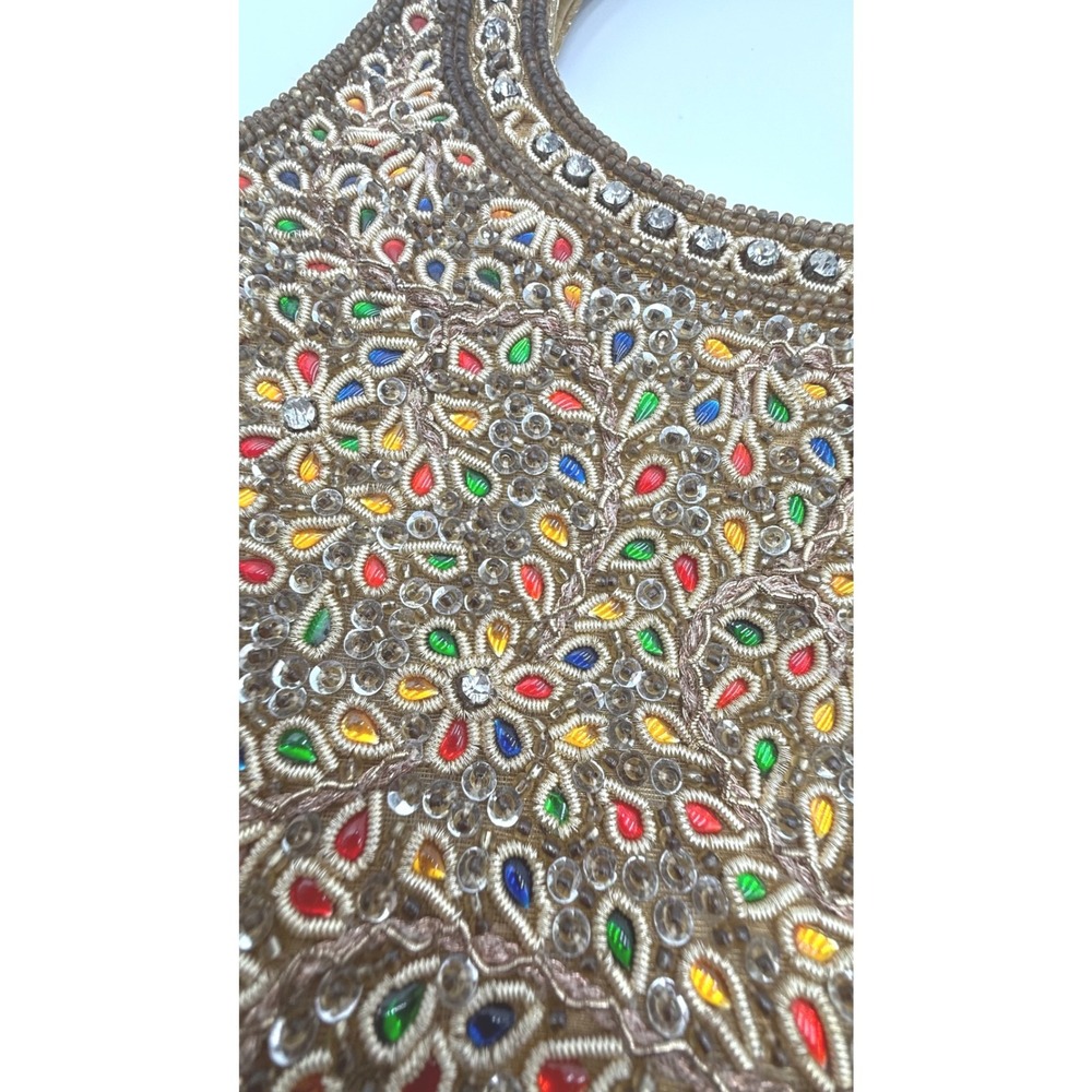 Mochi Hand-Beaded Zardosi Evening Bag - Metallic Gold with Multi-Color Accents - Picture 3 of 9